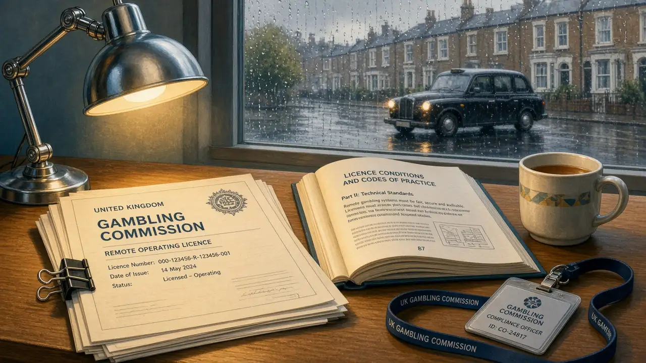 Editorial desk with UK Gambling Commission licence documents and a London street view outside the window.