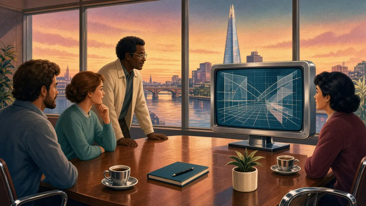 UK game studio team collaborating on casino game design in a modern London office.