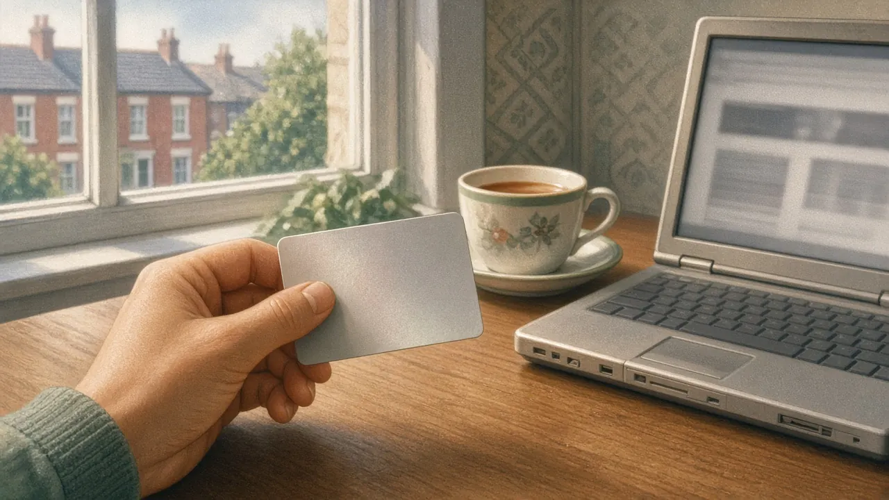 Hand holding prepaid card beside laptop on table in British flat