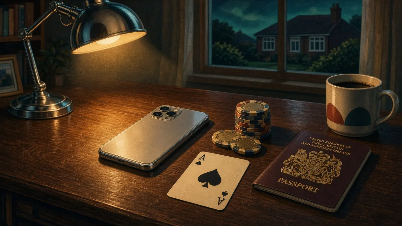 Phone face-down on a table with casino chips, a playing card, and a passport.