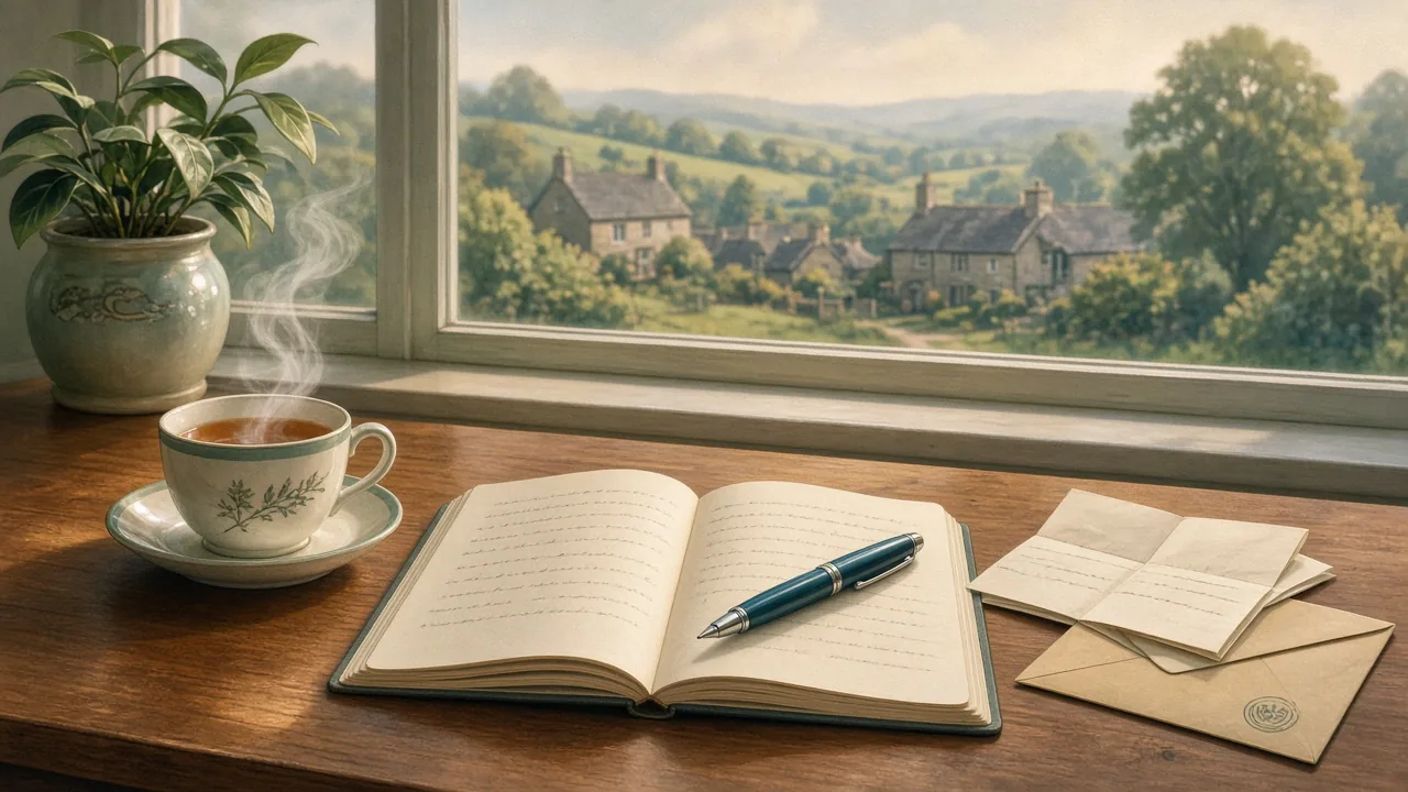 Open notebook, tea, and letter on a wooden desk by a sunny window.