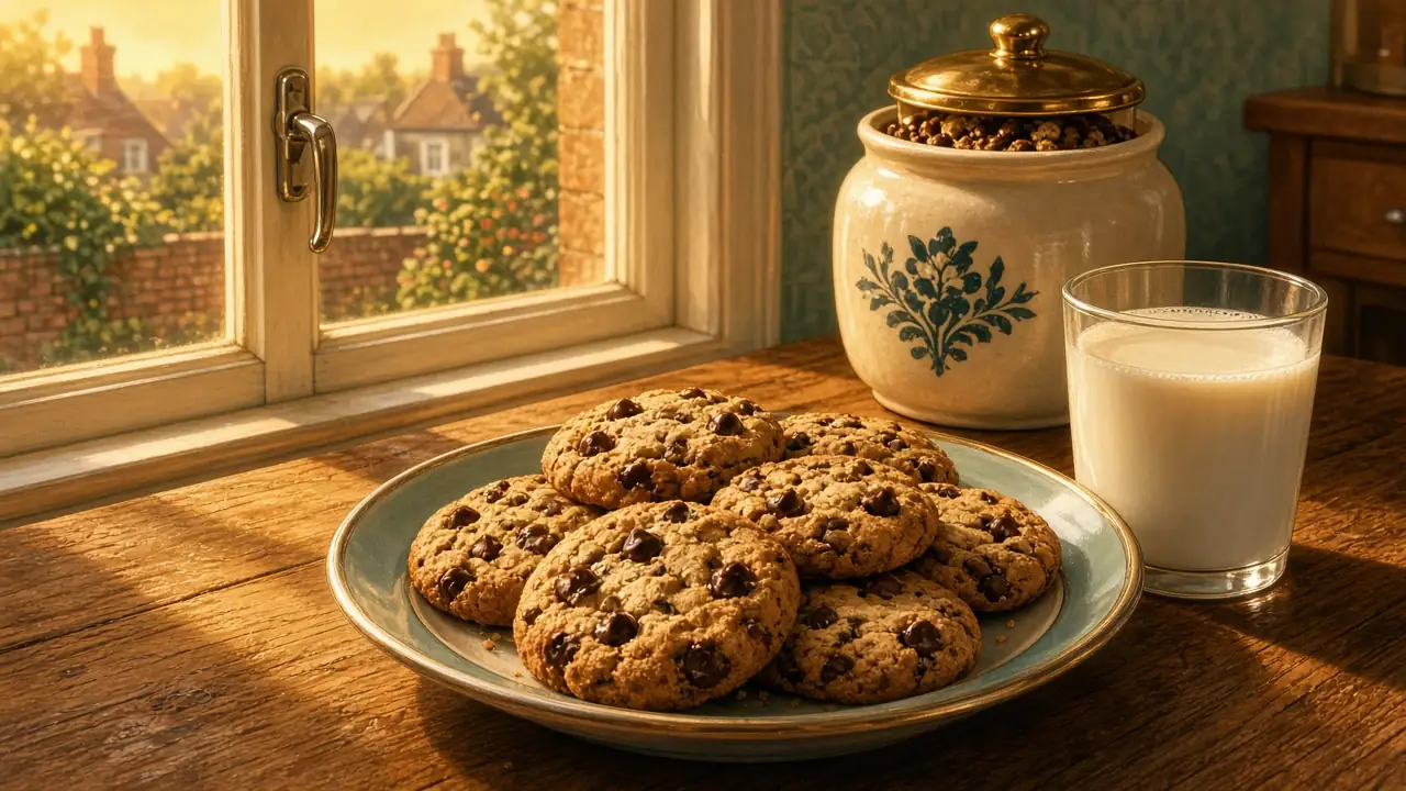 Freshly baked chocolate chip cookies on a wooden counter in a sunlit British kitchen.