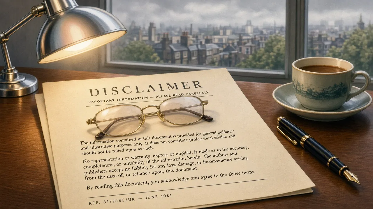 Printed disclaimer document on a desk with reading glasses, pen, and warm lamplight
