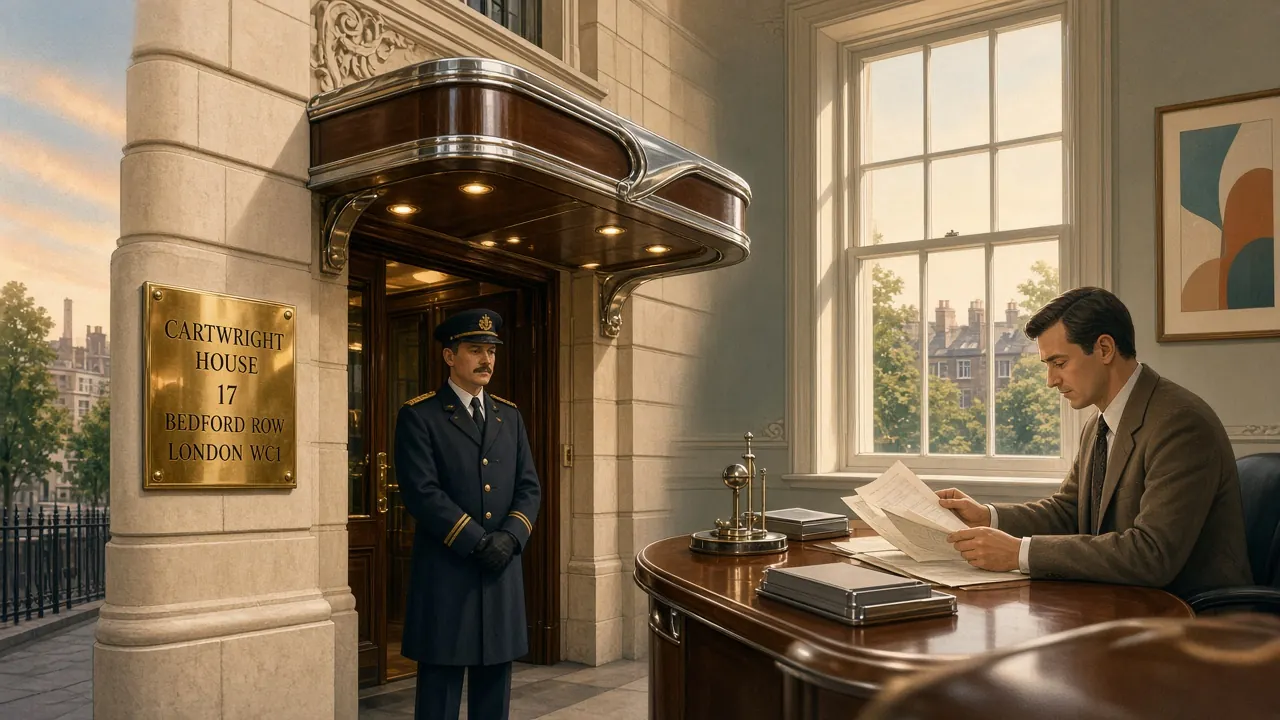 London building entrance with brass plaque and a clerk at a desk inside.