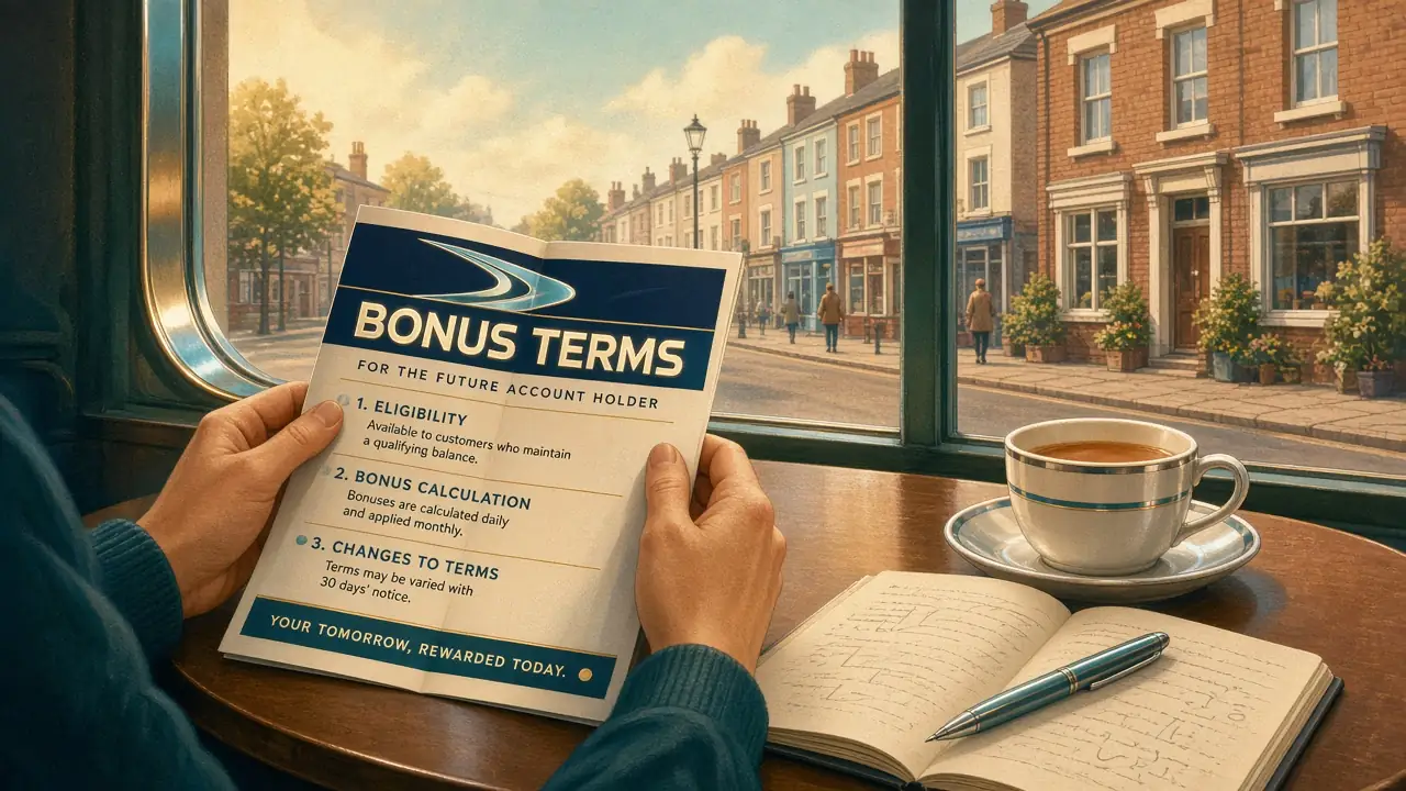 Hands reading bonus terms at a bistro table.