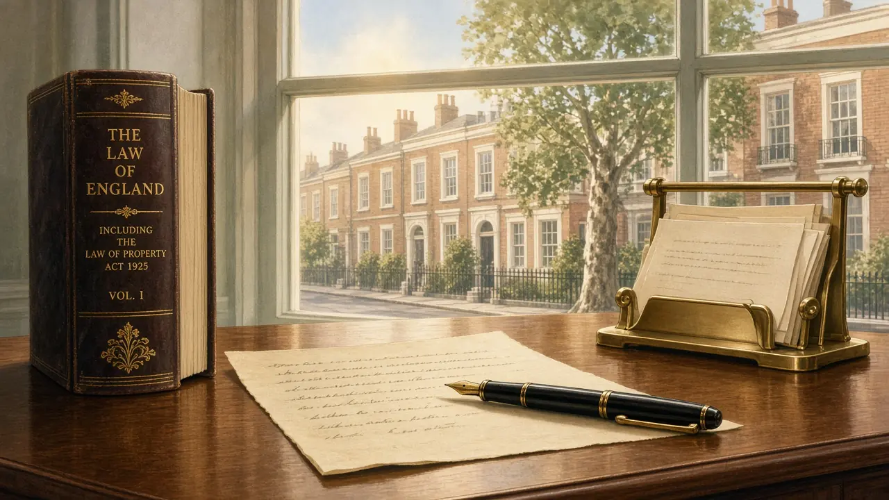Wooden desk with law book, parchment, and fountain pen in a traditional UK solicitor's office