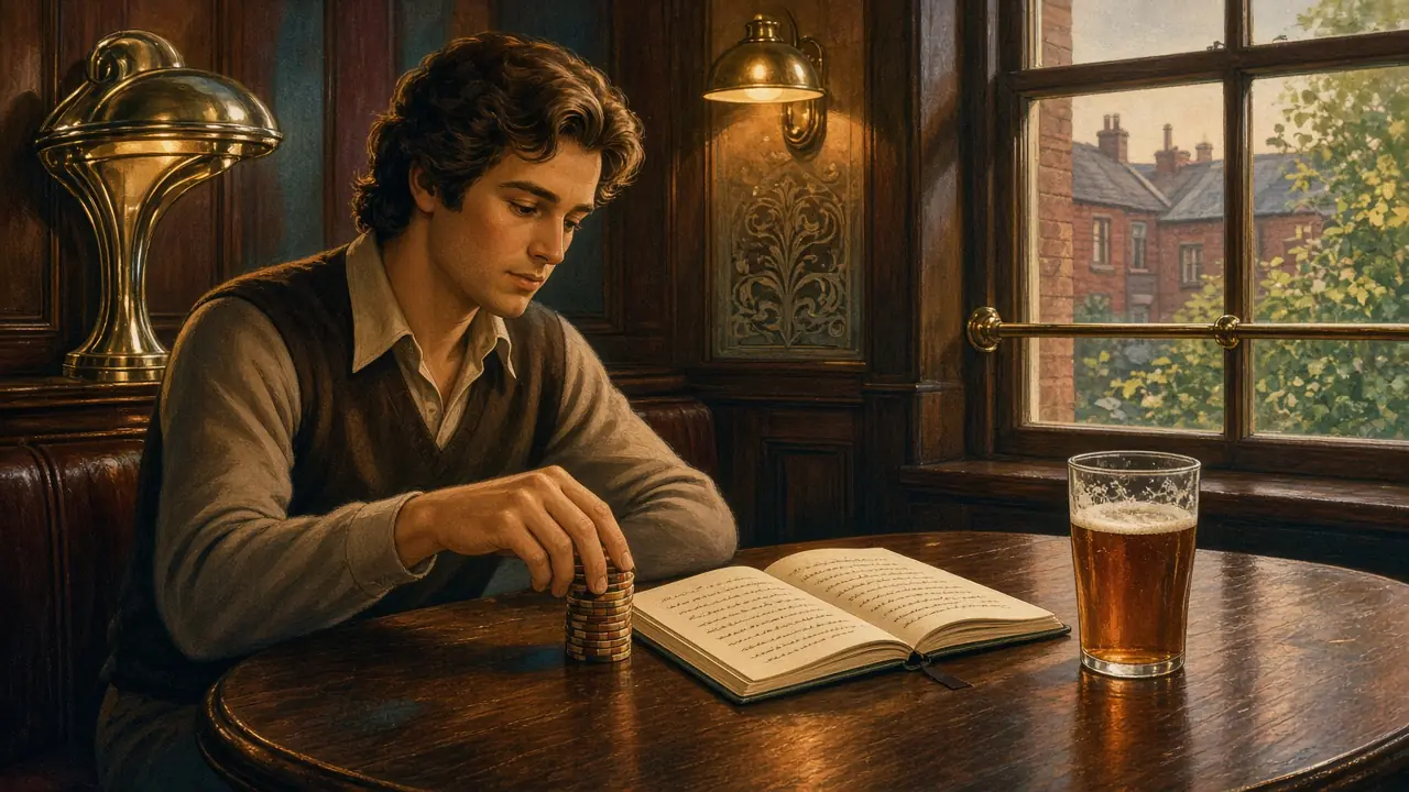 Man pushing poker chips away at a British pub table, looking thoughtful.