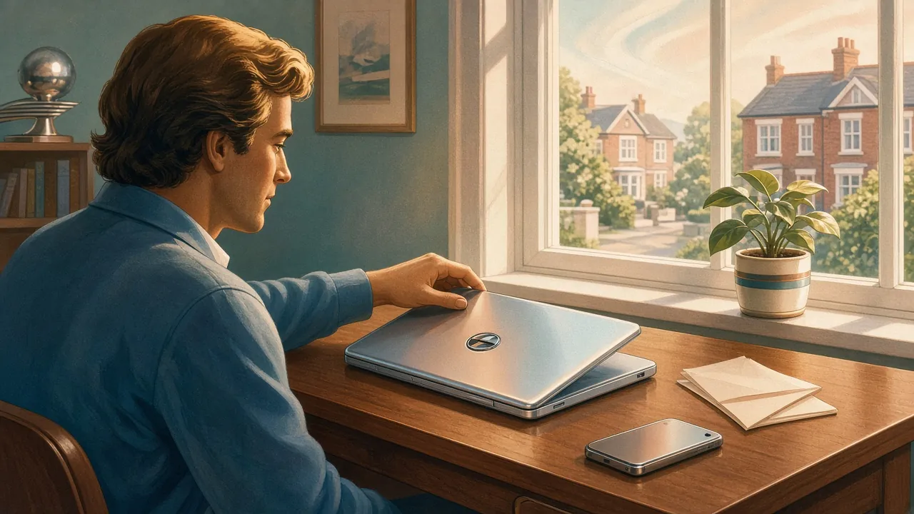 Person closing a laptop at a desk, phone placed face-down, in a quiet home office.