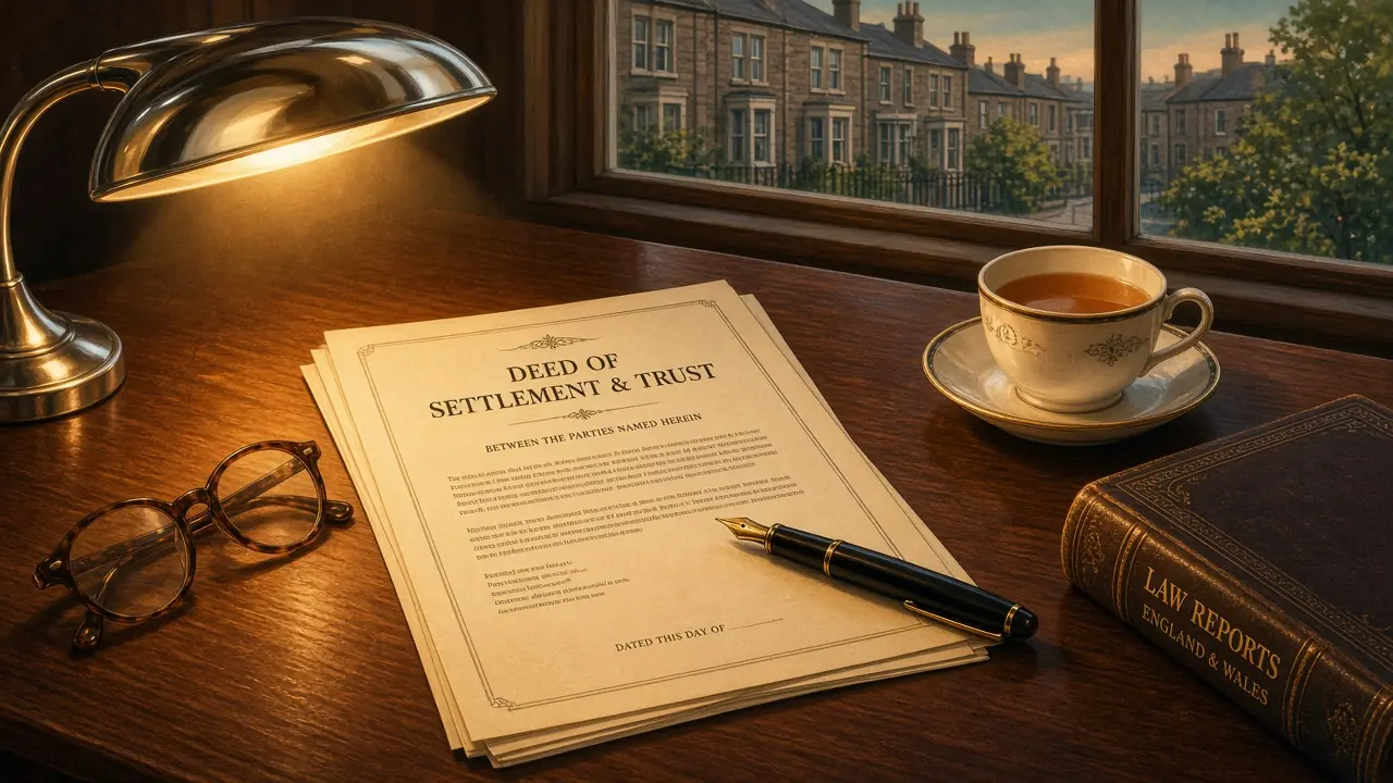 Legal documents on a wooden desk with pen and reading glasses under warm lamp light