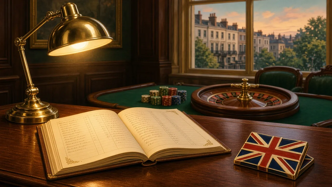 Wooden card table with chips, roulette wheel, ledger and lamp in a London club.